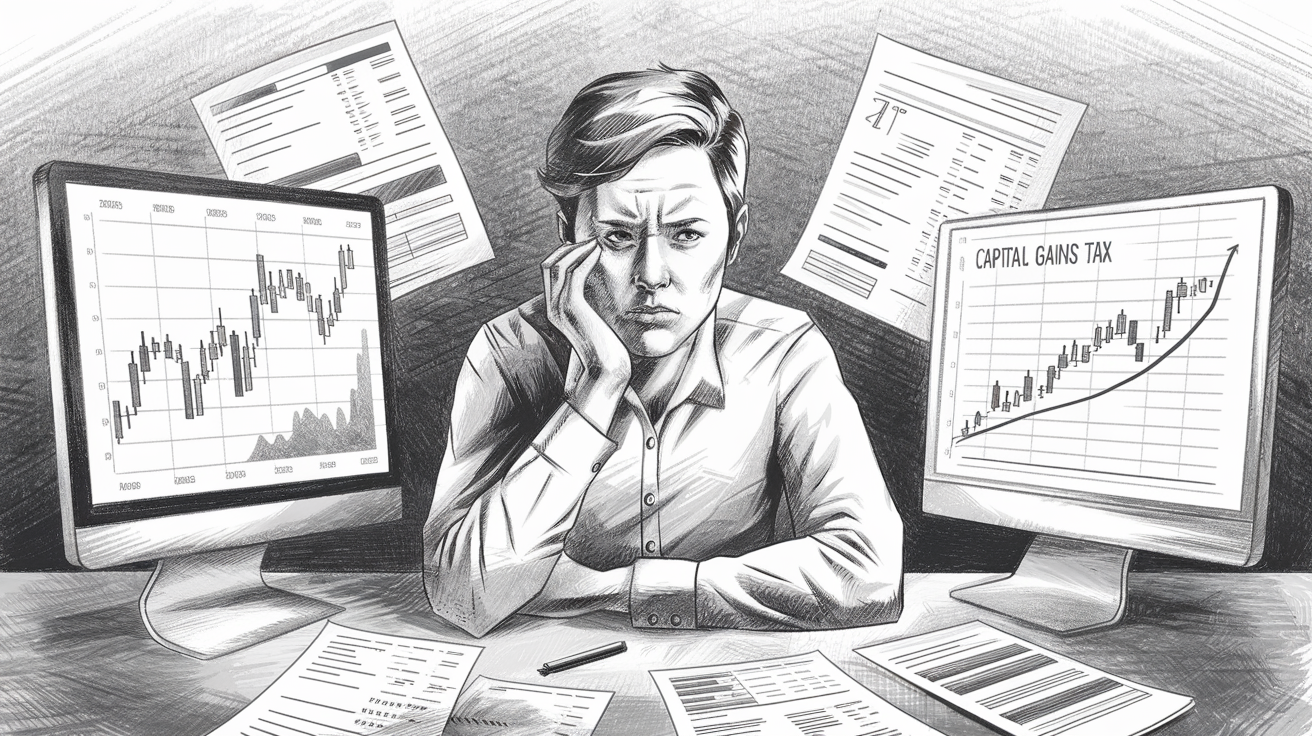 Pencil illustration of a person reviewing financial documents and a stock market chart, representing the complexities of investment tax planning.