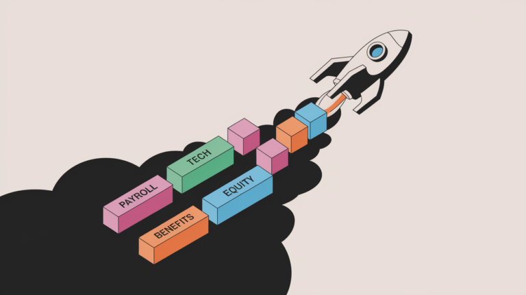 A rocket labeled "Tech Startup" launching upwards, leaving a trail of blocks labeled "Payroll," "Benefits," and "Equity."