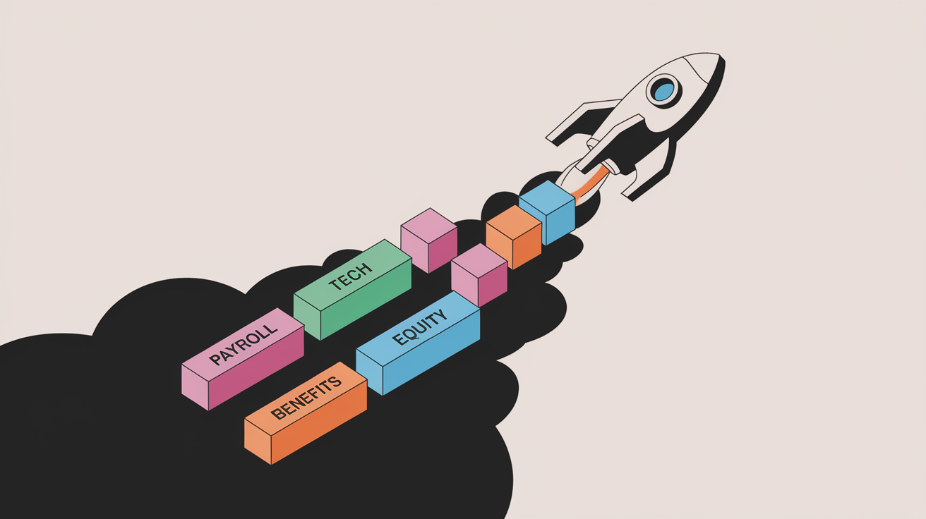 A rocket labeled "Tech Startup" launching upwards, leaving a trail of blocks labeled "Payroll," "Benefits," and "Equity."