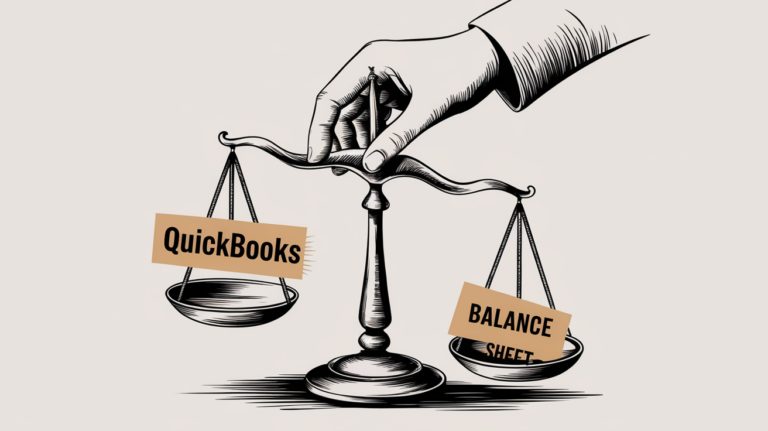 A hand balancing a scale labeled "QuickBooks" and "Balance Sheet."