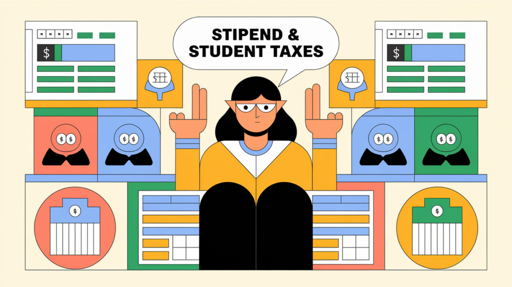 A block illustration of a student surrounded by icons representing stipends, scholarships, and tax forms.