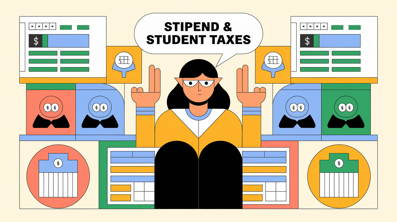 A block illustration of a student surrounded by icons representing stipends, scholarships, and tax forms.
