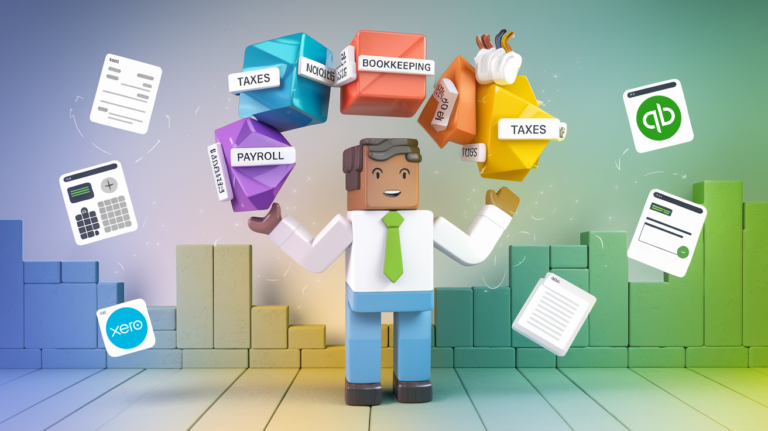 A person juggling colorful shapes labeled with bookkeeping tasks, surrounded by software icons.
