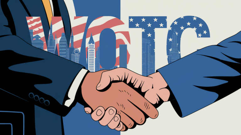 A stylized illustration of a businessperson shaking hands with a veteran, with "WOTC" overlaid.
