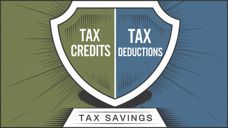 A block illustration of a shield divided in half, with "Tax Credits" on one side and "Tax Deductions" on the other, representing protection from a high tax bill.