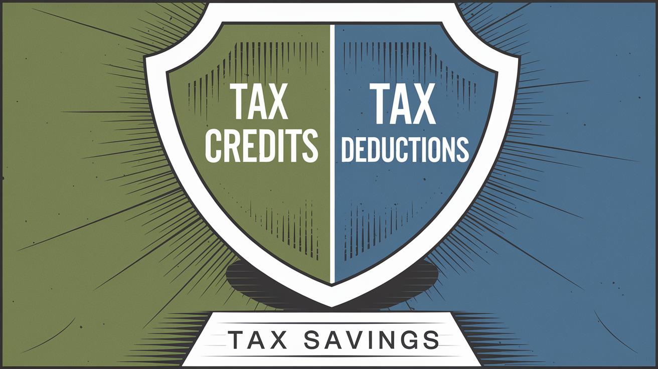 A block illustration of a shield divided in half, with "Tax Credits" on one side and "Tax Deductions" on the other, representing protection from a high tax bill.