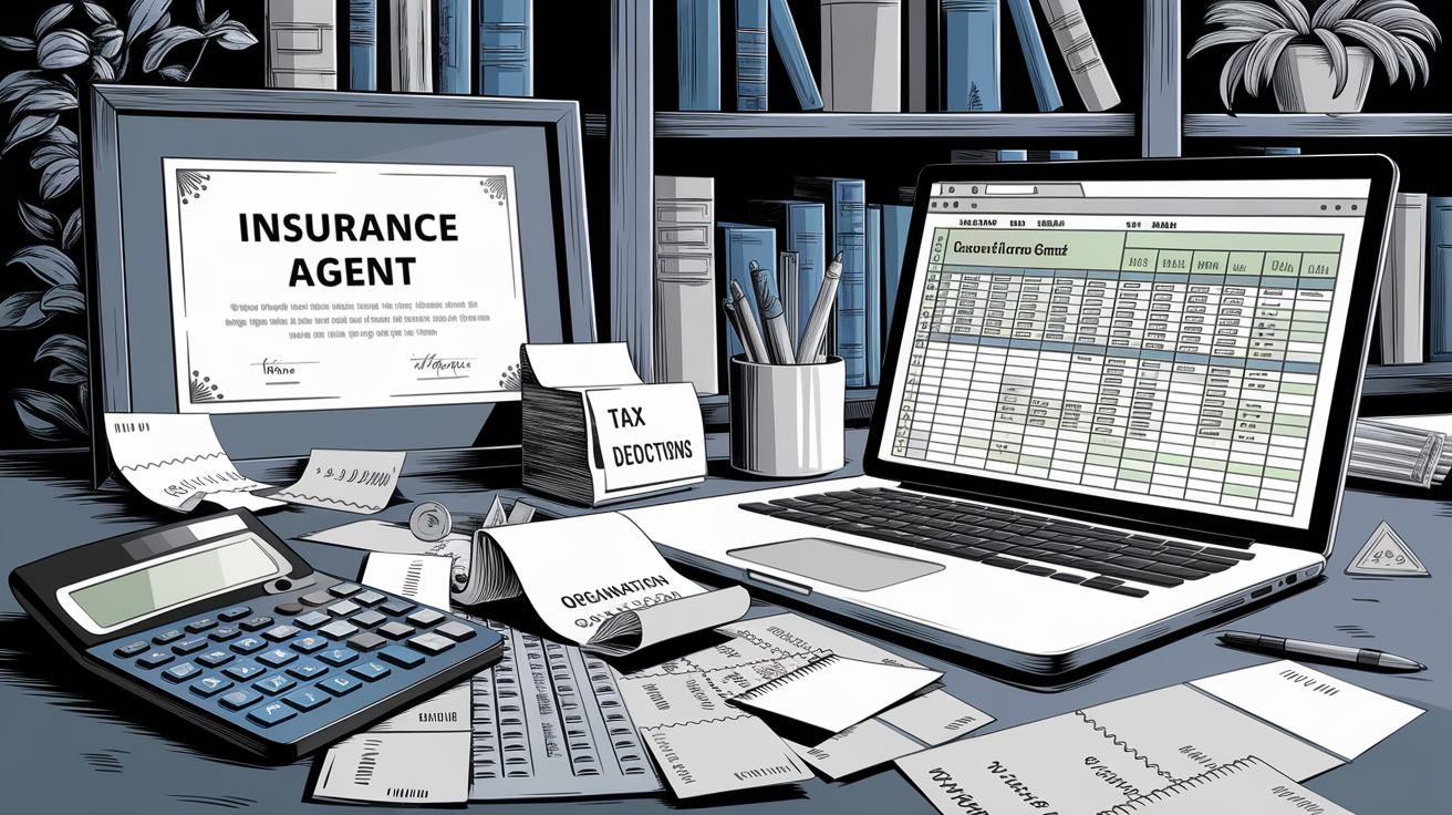 An ink drawing of an insurance agent's desk with tax-related items.