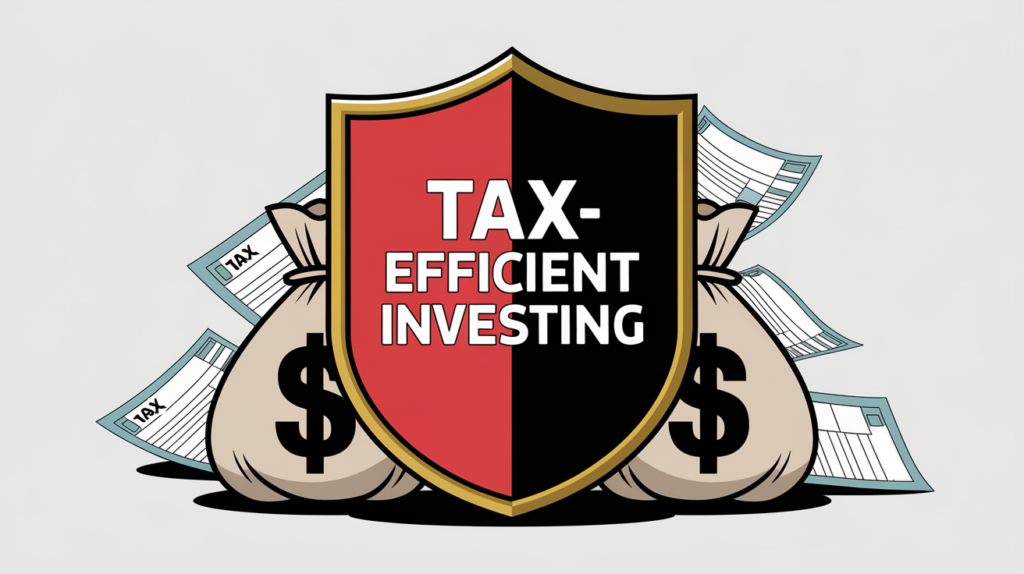 A block illustration showing a shield protecting money bags from falling tax forms, representing tax-efficient investing.