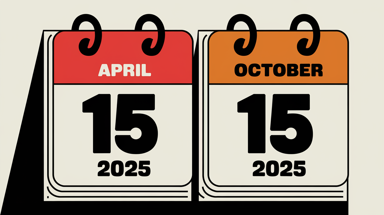 A stylized calendar with "April 15, 2025" and "October 15, 2025" highlighted.