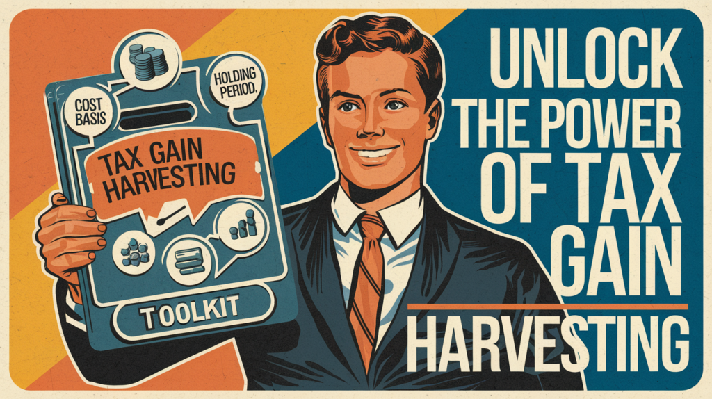 Vintage-style advertising illustration promoting the benefits of tax gain harvesting.