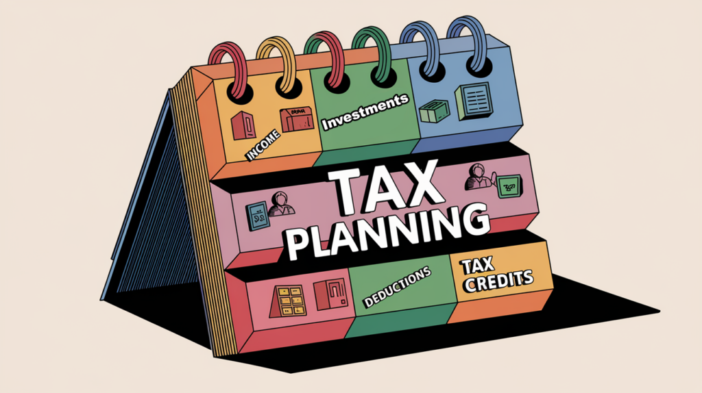A calendar year with building blocks representing each month, labeled with "Tax Planning" and icons for "Income," "Deductions," and "Tax Credits."