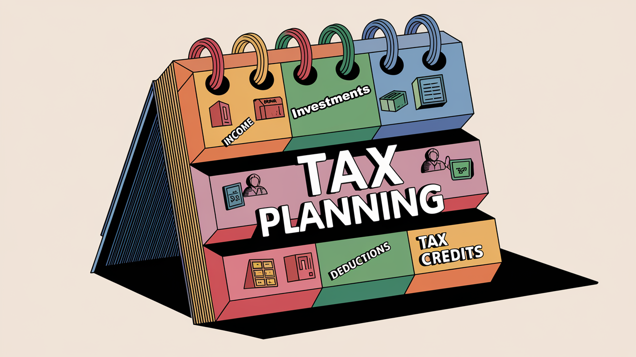 A calendar year with building blocks representing each month, labeled with "Tax Planning" and icons for "Income," "Deductions," and "Tax Credits."