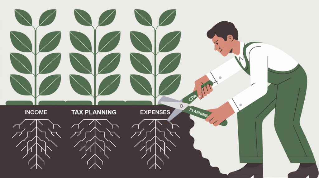 Block illustration of a CPA tending to a plant representing a business, with leaves as "Income" and roots as "Expenses."
