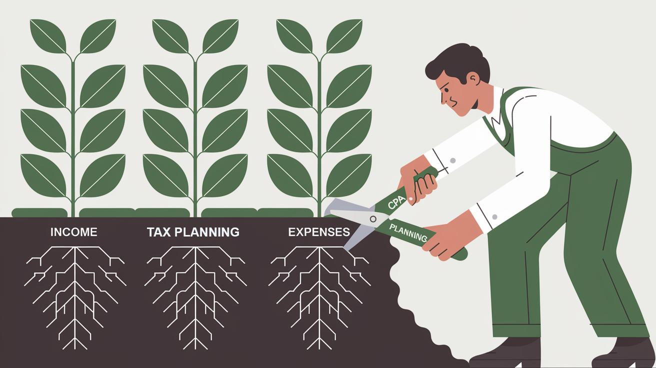 Block illustration of a CPA tending to a plant representing a business, with leaves as "Income" and roots as "Expenses."