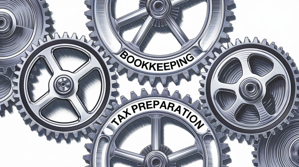 A detailed scientific illustration of interlocking gears labeled with financial tasks.