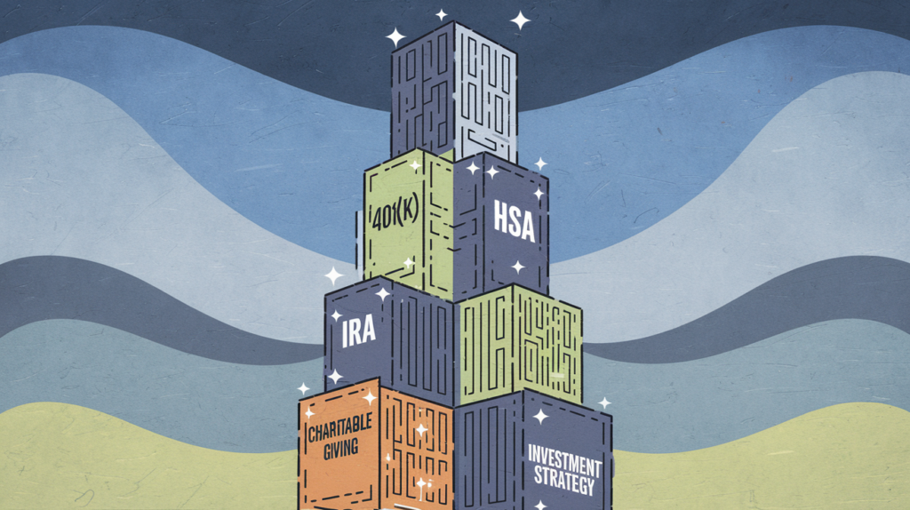 A stylized skyscraper built with blocks labeled with tax-saving strategies.