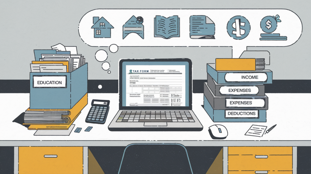 A block illustration of a therapist's desk with tax-related items, emphasizing organization for tax management.