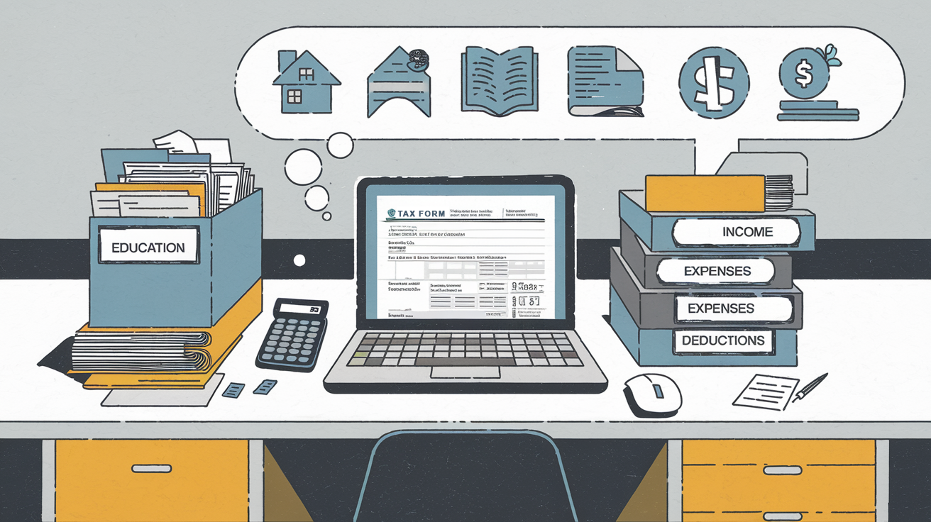 A block illustration of a therapist's desk with tax-related items, emphasizing organization for tax management.
