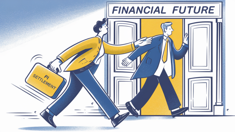 A person with a "PI Settlement" briefcase being guided towards "Financial Future" by a tax professional.