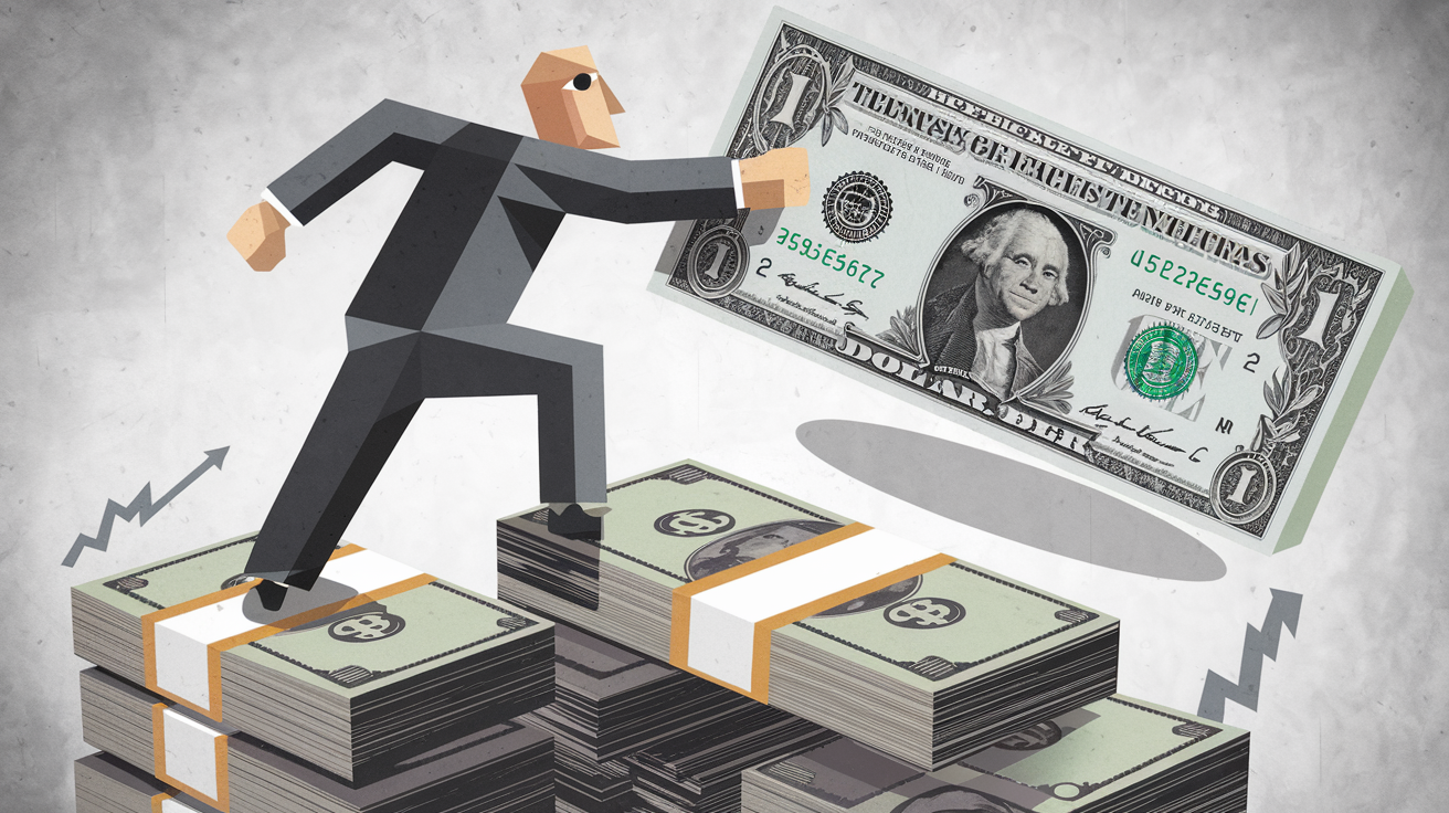 A stylized CEO reaching for a dollar bill atop a stack of money.