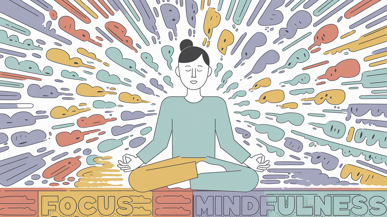 A person meditating calmly amidst a chaotic swirl of distractions.