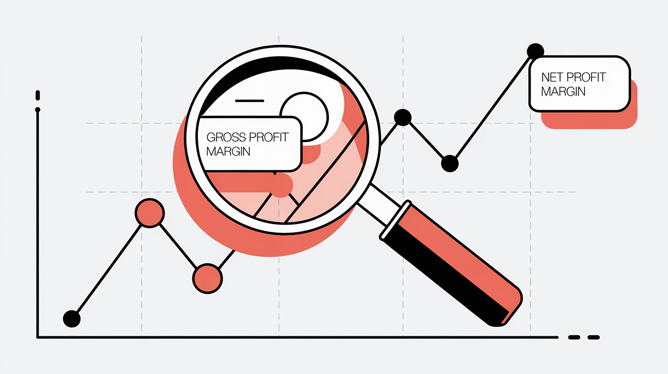 A magnifying glass examining a line graph with key performance indicators.