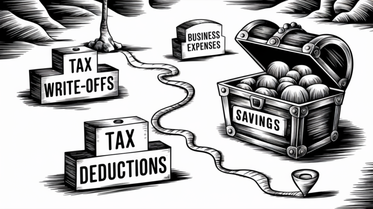 A treasure map leading to a treasure chest labeled "Tax Savings," with landmarks indicating "Tax Write-Offs," "Tax Deductions," and "Business Expenses."