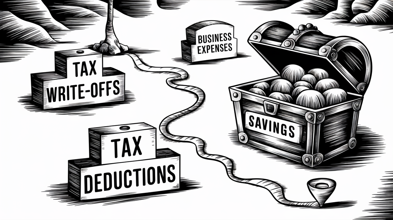 A treasure map leading to a treasure chest labeled "Tax Savings," with landmarks indicating "Tax Write-Offs," "Tax Deductions," and "Business Expenses."
