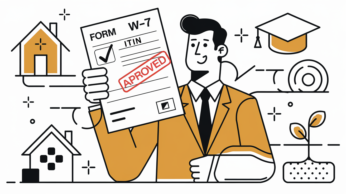 A person holding an approved Form W-7 with symbols of financial success.