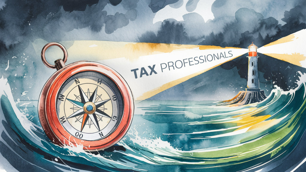 A compass pointing towards a lighthouse in a stormy sea.