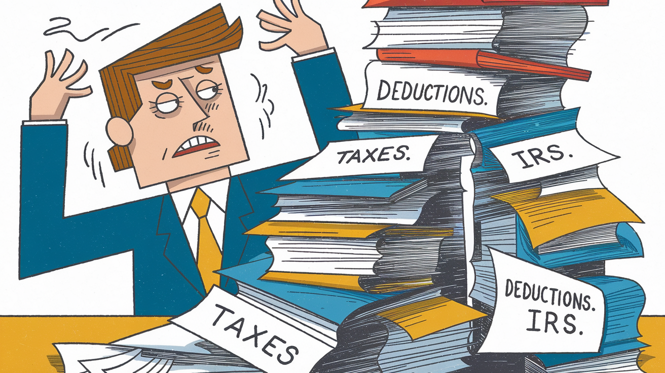 A stressed business owner surrounded by a mountain of tax paperwork.