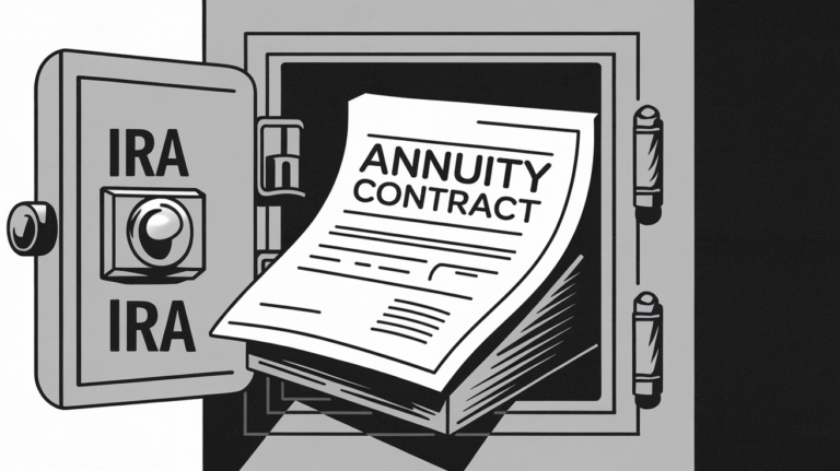 Block illustration of an annuity contract inside an IRA safe deposit box.