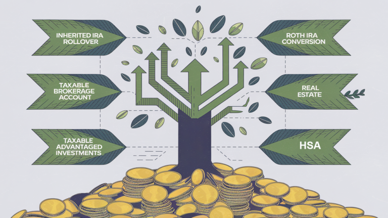 A stylized tree growing from coins, with branches representing reinvestment strategies for inherited IRAs.