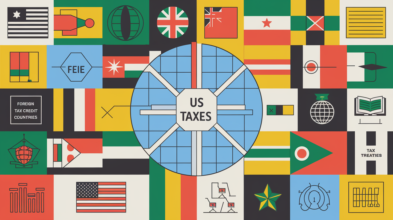 A block illustration showing a globe with flags representing different countries, connected to a central point labeled "US Taxes," with icons for key expat tax concepts.