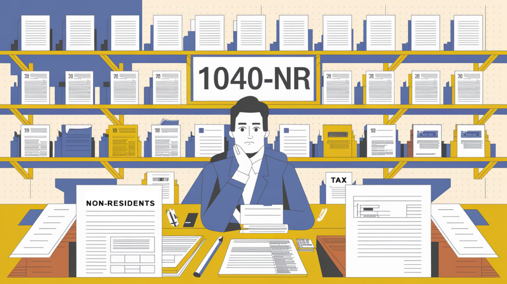 A block illustration of a non-resident person surrounded by tax forms and documents, with "1040-NR" highlighted.