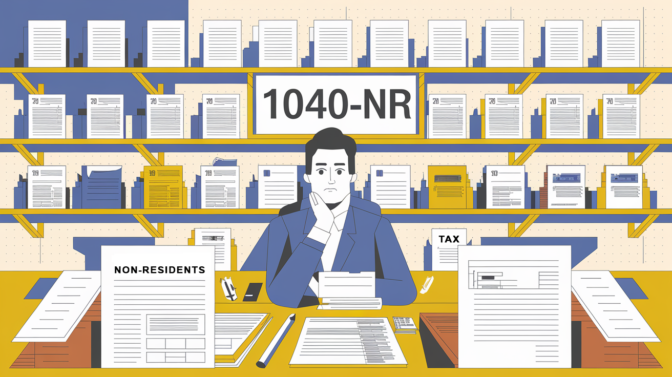 A block illustration of a non-resident person surrounded by tax forms and documents, with "1040-NR" highlighted.