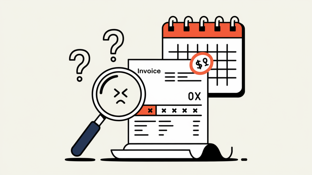 Line art of a magnifying glass inspecting an invoice with errors