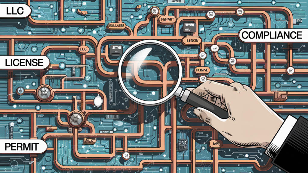 Magnifying glass examining a complex network of business regulations.