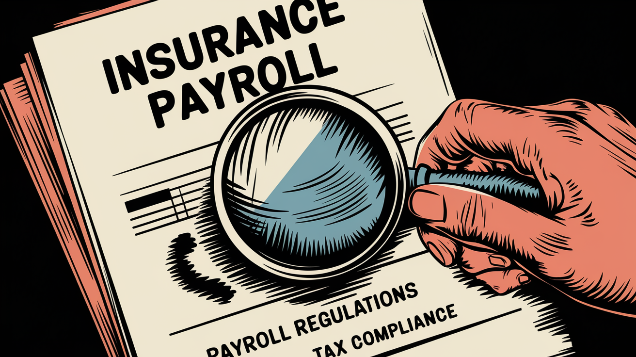 Woodcut illustration of a hand examining insurance payroll documents.