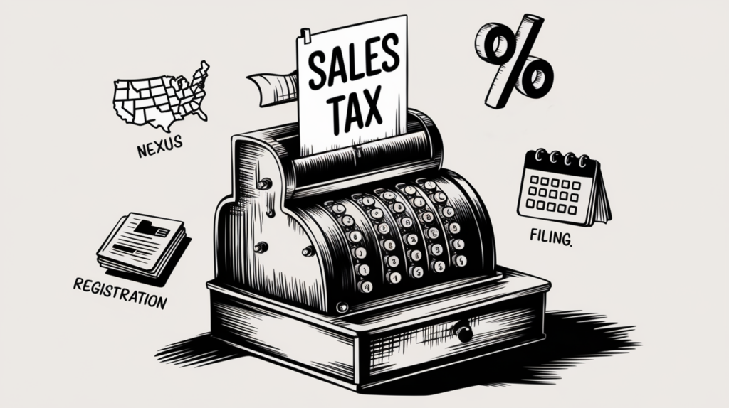 An ink drawing of a cash register with icons representing nexus, tax rates, registration, and filing.
