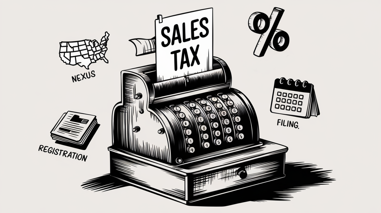 An ink drawing of a cash register with icons representing nexus, tax rates, registration, and filing.
