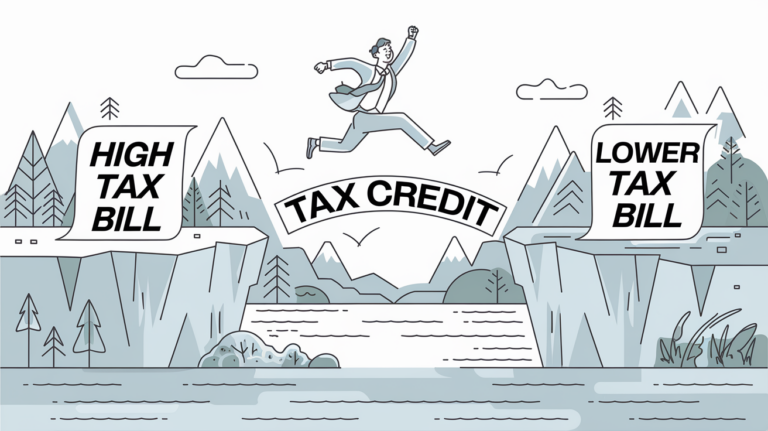 Line art of person leaping across a gap labeled "High Tax Bill" to "Lower Tax Bill" using a bridge labeled "Tax Credit".
