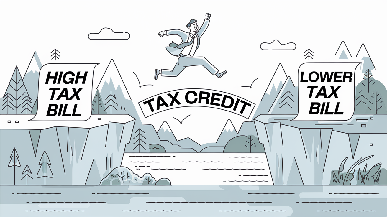 Line art of person leaping across a gap labeled "High Tax Bill" to "Lower Tax Bill" using a bridge labeled "Tax Credit".