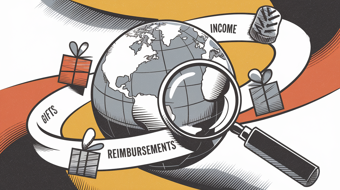 Advertising illustration of a globe with international funds – gifts, income, reimbursements – under a magnifying glass focused on the US, emphasizing tax obligations.