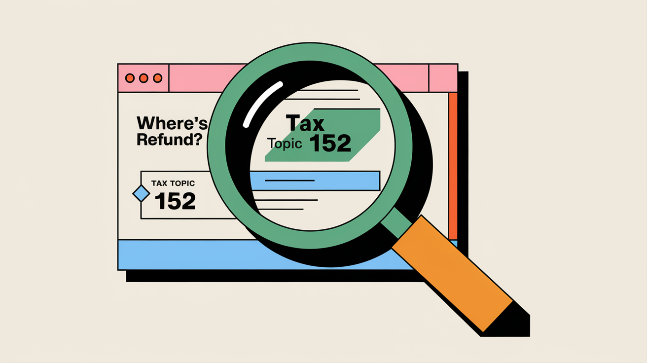 A block illustration of a magnifying glass inspecting a computer screen showing the IRS "Where's My Refund?" tool with Tax Topic 152 highlighted.