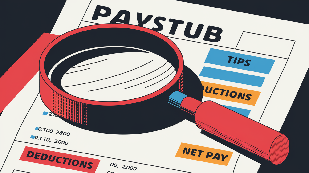 A magnifying glass examining a paystub with sections for tips, deductions, and net pay highlighted.