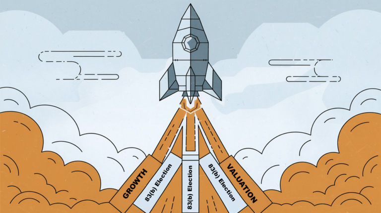 A rocket launching upwards, leaving a trail of "83(b) Election" blocks.