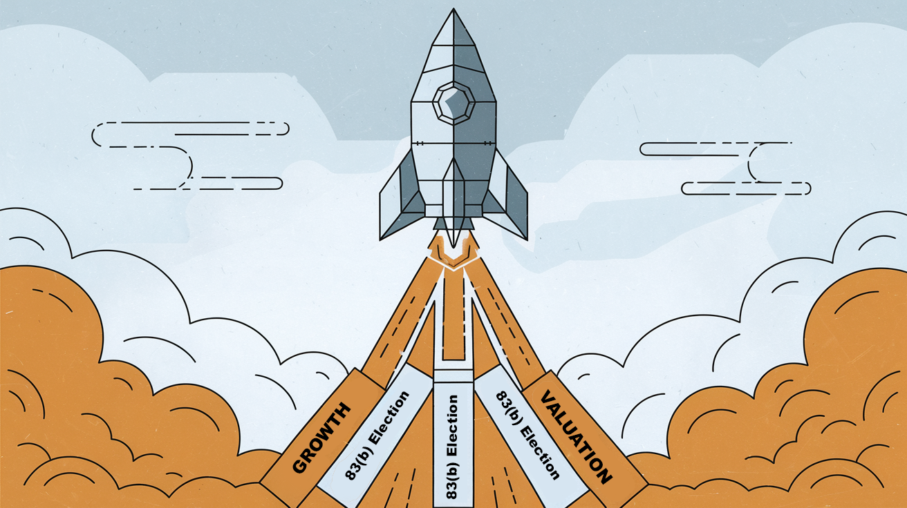 A rocket launching upwards, leaving a trail of "83(b) Election" blocks.
