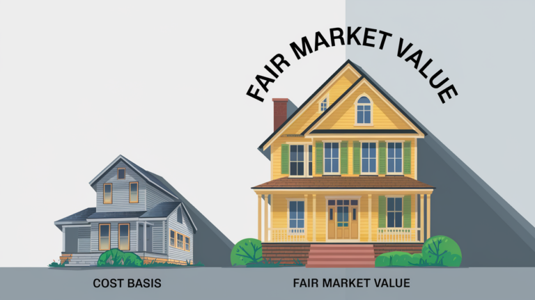 A house transforms from old to new, illustrating the stepped-up basis concept.