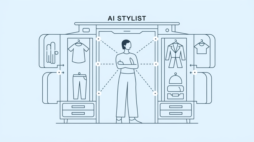 Line art of a person with a virtual wardrobe and 'AI Stylist' text